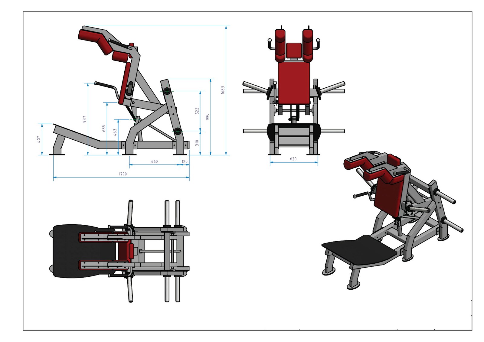 Plano técnico de sentadilla hack con péndulo